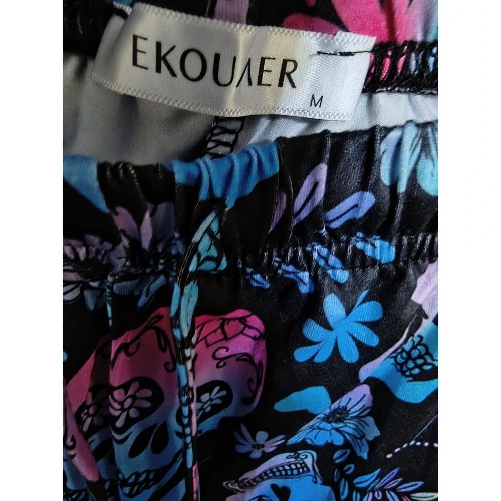 Ekouaer Satin Black Skull Skeleton Pull On Pajamas M Short Sleeve Tie Waist NWT